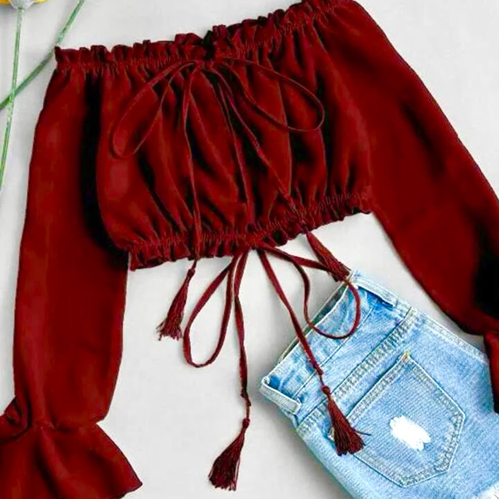 SHEIN Plus Chiffon Tassel Tie Frill Bardot Top